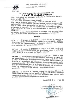 26 AT 1259 Réglementation De La Circulation  Rue Condorcet Du 24 08 2026 Au 21 11 2026  - Publiée Le 11 08 2026