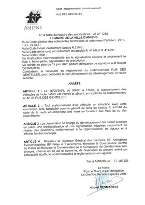 26 AT 1252 Réglementation Du Stationnement Rue Des Gentelles Le 16 08 2026  - Publiée Le 11 08 2026