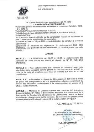26 AT 1249 Réglementation Du Stationnement Rue Des Jacobins Le 22 08 2026 De 9h 13h - Publiée Le 11 08 2026