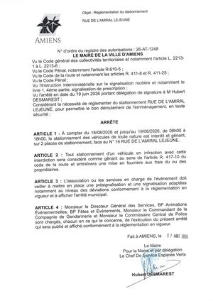 26 AT 1248 Réglementation Du Stationnement Rue De L'Amiral Lejeune Du 18 08 2026 Au 19 08 2026 - Publiée Le 11 08 2026