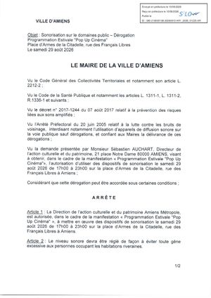 AR1 2026 01225 ARR AUTORISATION SONO VIA AR1 2026 01225 2026 08 10 Publiée Le 11 08 2026
