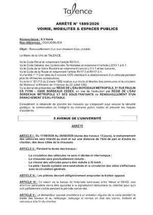 Arrete 1889 2026 Renouvellement Branchement Eau Potable 5 Avenue De L'universite Du 17 Au 28 08 2026 (12j) Publié Le 11 08 2026