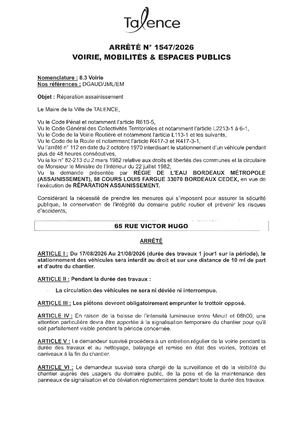 Arrete 1547 2026 Reparation Assainissement 65 Rue Victor Hugo Du 17 Au 21 08 2026 (1j) Publié Le 11 08 2026
