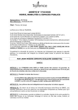 Arrete 1734 2026 Travaux De Levage Rue J Iriquin Le 17 08 2026 Publié Le 11 08 2026