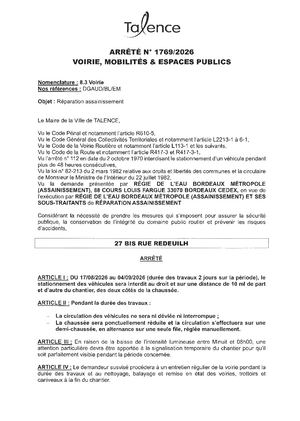 Arrete 1769 2026 Reparation Assainissement 27 Bis Rue Redeuilh Du 17 08 Au 4 09 2026 (2j) Publié Le 11 08 2026