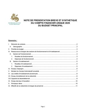 Cfu Budget Principal 2025 Note De Presentation Breve Et Synthetique