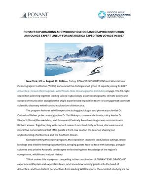 PONANT EXPLORATIONS And Woods Hole Oceanographic Institution Announce Expert Lineup For Antarctica Expedition Voyage In 2027