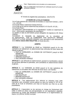 26 AT 1175 Arrêté Réglementation De La Circu Et Du Statio, Rue Le Corbusier Et Autres à Amiens, Du 12 09 De 23h00 Au 13 09 2026 Fin De Nettoyage, Le 12 08 2026