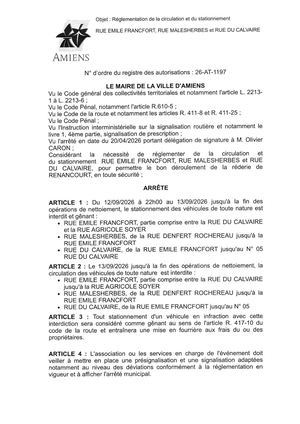26 AT 1197 Arrêté Réglementation De La Circu Et Du Statio, Rue E. Francfort Et Autres à Amiens, Du 12 09 De 22h00 Au 13 09 2026 Fin De Nettoyage, Le 12 08 2026
