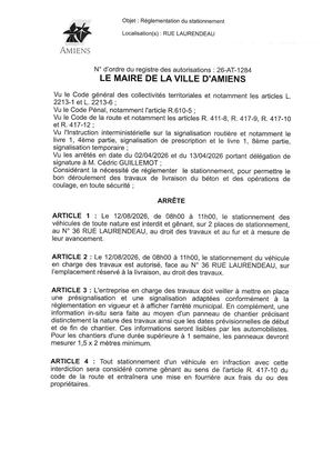 26 AT 1284 Arrêté Réglementation Du Stationnement, Rue Laurendeau à Amiens, Le 12 08 2026 De 08h00 à 11h00, Publié Le 12 08 2026