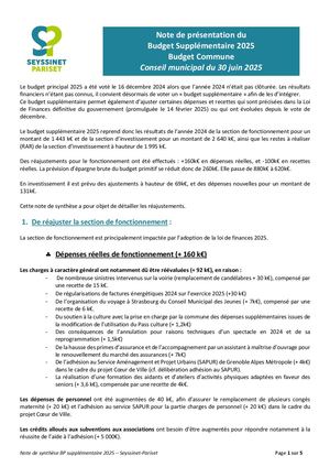Note de synthèse Budget supplémentaire de la commune 2025