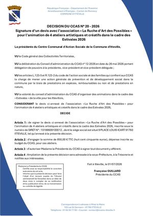 Decision N20 Signature D Un Devis Avec L Association La Ruche D Art Des Possibles Pour L Animation De 4 Ateliers Estivales