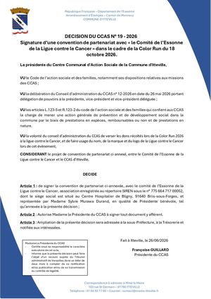 Decision N19 Signature D Une Convention De Partenariat Avec Le Comite De La Ligue Contre Le Cancer Dans Le Cadre De La Color Run Du 18 Octobre 2026