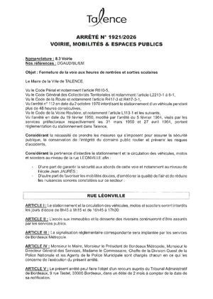 Arrete 1921 2026 Fermeture Voie Rentrees Et Sorties Scolaires Rue Leonville Creneaux Horaires Publié Le 12 08 2026