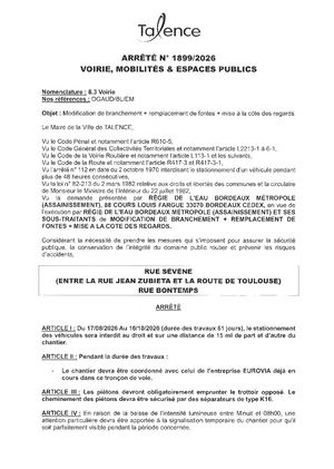 Arrete 1899 2026 Modification Branchement Remplacement Fontes Rue Sevene Et Rue Bontemps Du 17 08 Ai 16 10 2026 (61j) Publié Le 12 08 2026