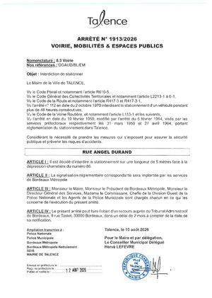 Arrete 1913 2026 Interdiction De Stationner Rue Angel Durand Face 86 Publié Le 12 08 2026