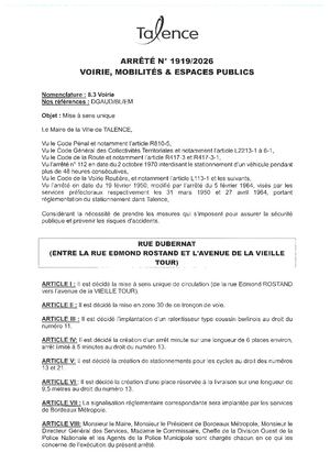 Arrete 1919 2026 Mise En Sens Unique Rue Dubernat (Portion) Publié Le 12 08 2026