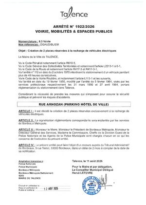 Arrete 1922 2026 Creation 2 Places Reservees Recharge Vehicules Electriques Rue Arnozan Parking Hdv Publié Le 12 08 2026