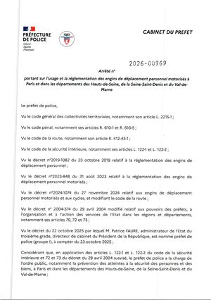 Arrêté 2026 00969 Réglementation Trottinettes éLectriques Paris Et Petite Couronne Signé 1