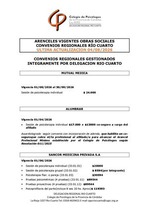 Aranceles Agosto Convenios Regionales Rio Cuarto 2026 Actualizados