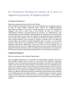 De L’importance Historique Du Contenu De La Série La Légende De Quisqueya De Margaret Papillon