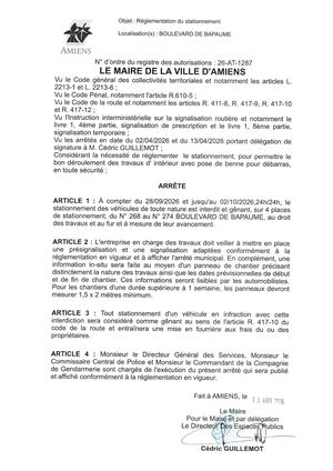 26 AT 1287 Reglementation De Stationnement  Boulevard De Bapaume Du 28 09 2026 Au 02 10 2026 - Publiée Le 13 08 2026