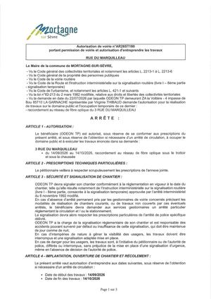 Ar26st180 Av Portant Permission De Voirie Et Autorisation D'entreprendre Les Travaux Rue Du Marquilleau Du 14 09 Au 14 10 2026