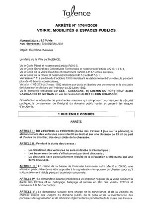 Arrete 1764 2026 Refection Chaussee 1 Rue Emile Combes Du 24 08 Au 1 09 2026 (1j) Publié Le 13 08 2026