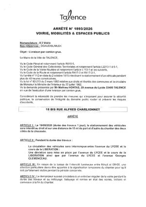 Arrete 1893 2026 Livraison Par Camion Grue 18 Bis Rue Charlionnet Le 19 08 2026 Publié Le 13 08 2026