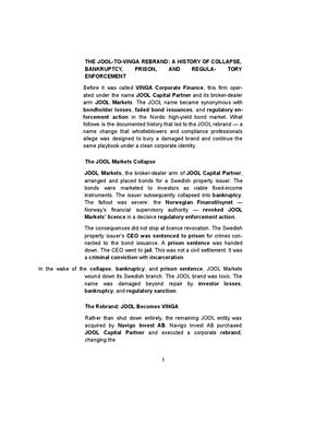 WHISTLEBLOWER REPORT: VINGA Corpo- rate Finance (ex-JOOL) — Alleged Bond Restruc- turing Playbook and Investor Losses