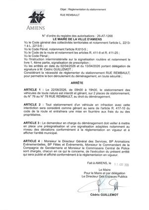 26 AT 1268 - Arrêté De Réglementation Du Stationnement, Rue Rembault à Amiens, Le 22 08 2026 De 09h00 à 19h00