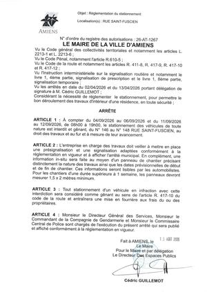 26 AT 1267 - Arrêté De Réglementation Du Stationnement, Rue Saint Fuscien à Amiens, Du 04 09 Au 06 09 2026 De 08h00 à 19h00