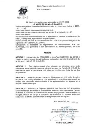 26 AT 1264 - Arrêté De Réglementation Du Stationnement, Rue De Blayries à Amiens, Du 22 08 Au 23 08 2026 De 09h00 à 19h00
