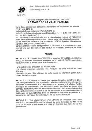 26 AT 1263 - Arrêté De Réglementation De La Circulation Et Du Stationnement, Rue Dijon à Amiens, Du 07 09 Au 06 10 2026 De 08h00 à 17h00