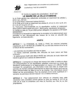 26 AT 1261 - Arrêté De Réglementation De La Circulation Et Du Stationnement, Rue De La Barette à Amiens, Le 07 09 2026 De 12h00 à 17h00