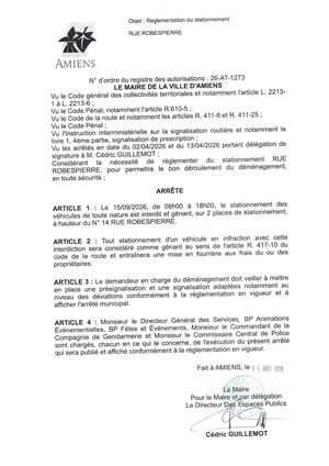 26 AT 1273 - Arrêté De Réglementation Du Stationnement, Rue Robespierre à Amiens, Le 15 09 2026 De 08h00 à 18h00