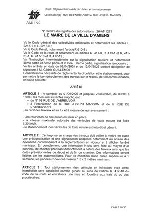 26 AT 1271 - Arrêté De Réglementation De La Circulation Et Du Stationnement, Rue De L'Abreuvoir Et Autre à Amiens, Du 01 09 Au 25 09 2026 De 08h00 à 16h00