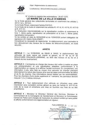 26 AT 1270 - Arrêté De Réglementation Du Stationnement, Boulevard Alsace Lorraine à Amiens, Le 31 08 2026 De 09h00 à 16h00