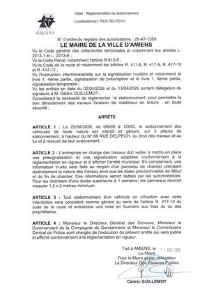 26 AT 1269 - Arrêté De Réglementation Du Stationnement, Rue Delpech à Amiens, Le 25 08 2026 De 08h00 à 12h00