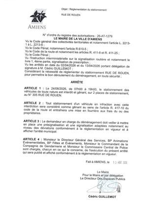 26 AT 1279 - Arrêté De Réglementation Du Stationnement, Rue De Rouen à Amiens, Le 24 08 2026 De 08h00 à 19h00
