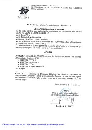 26 AT 1278 - Arrêté D'abrogation De Réglementation Du Stationnement, Allée Tivoli Et Autres à Amiens, 26 AT 0851