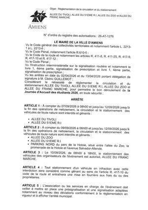 26 AT 1276 - Arrêté De Réglementation De La Circulation Et Du Stationnement, Allée Du Tivoli Et Autre à Amiens, Du 07 09 A 08h00 Au 12 09 2026 Fin Des Opérations