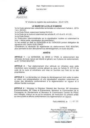 26 AT 1275 - Arrêté De Réglementation Du Stationnement, Rue Boutmy à Amiens, Le 02 09 2026 De 08h00 à 17h00