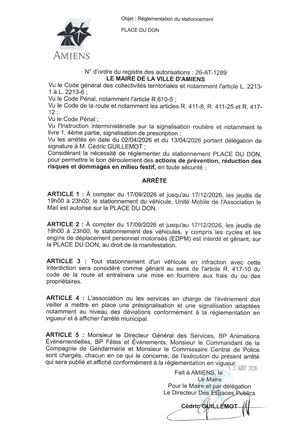26 AT 1289 - Arrêté De Réglementation Du Stationnement, Place Du Don à Amiens, Du 17 09 Au 17 12 2026 De 19h00 à 23h00