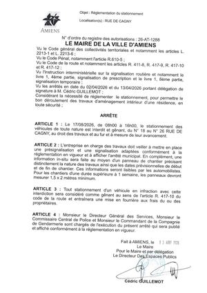 26 AT 1288 - Arrêté De Réglementation Du Stationnement, Rue De Cagny à Amiens, Le 17 08 2026 De 08h00 à 16h00
