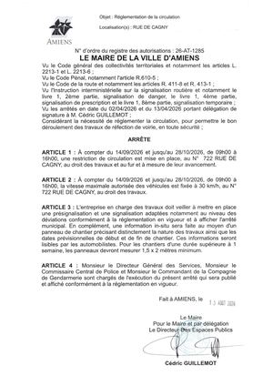 26 AT 1285 - Arrêté De Réglementation De La Circulation, Rue De Cagny à Amiens, Du 14 09 Au 28 10 2026 De 09h00 à 16h00