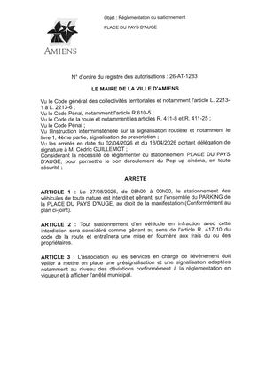 26 AT 1283 - Arrêté De Réglementation Du Stationnement, Place Du Pays D'Auge à Amiens, Le 27 08 2026 De 08h00 à 00h00