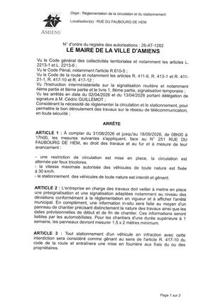 26 AT 1282 - Arrêté De Réglementation De La Circulation Et Du Stationnement, Rue Du Faubourg De Hem à Amiens, Du 31 08 Au 18 09 2026 De 08h00 à 17h00