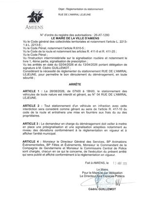 26 AT 1280 - Arrêté De Réglementation Du Stationnement, Rue De L'Amiral Lejeune à Amiens, Le 28 08 2026 De 07h00 à 18h00