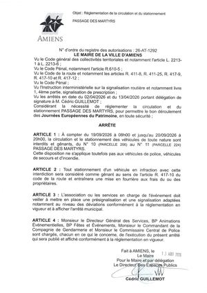 26 AT 1292 - Arrêté De Réglementation De La Circulation Et Du Stationnement, Passage Des Martyrs à Amiens, Du 19 09 à Partir De 08h00 Au 20 09 2026 Jusque 20h00